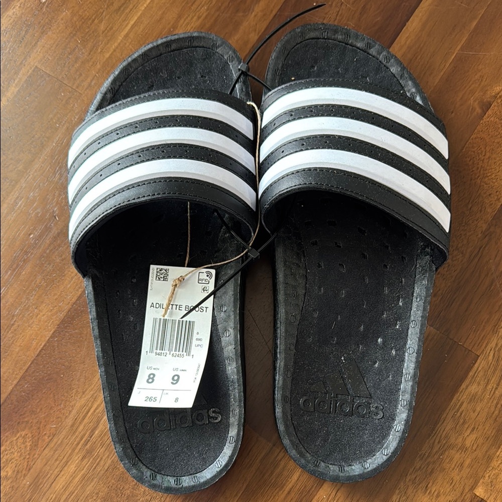 NWT Adidas Adilette Boost Black and White Slide Sandals